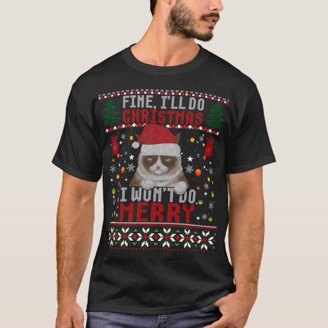 T-shirt Funny Grumpy Christmas Chat Pun Joke Ugly Xmas Swe (Devant)