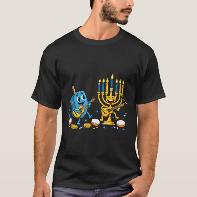 T-shirt Funny Guitar Dreidel Menorah Hanukkah Kids Womens  (Devant)