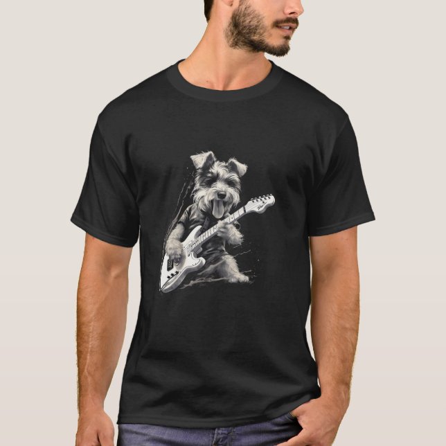 T-shirt Funny Guitar Rock Schnauzer Chien Guitariste Long  (Devant)