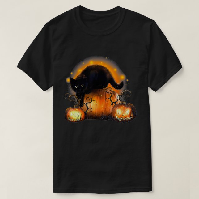 T-shirt Funny Halloween Black Cat And Pumpkin JackOLantern (Design devant)