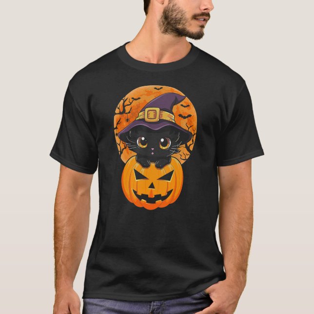 T-shirt Funny Halloween Black Cat Pumpkin Witch Hat Moon C (Devant)