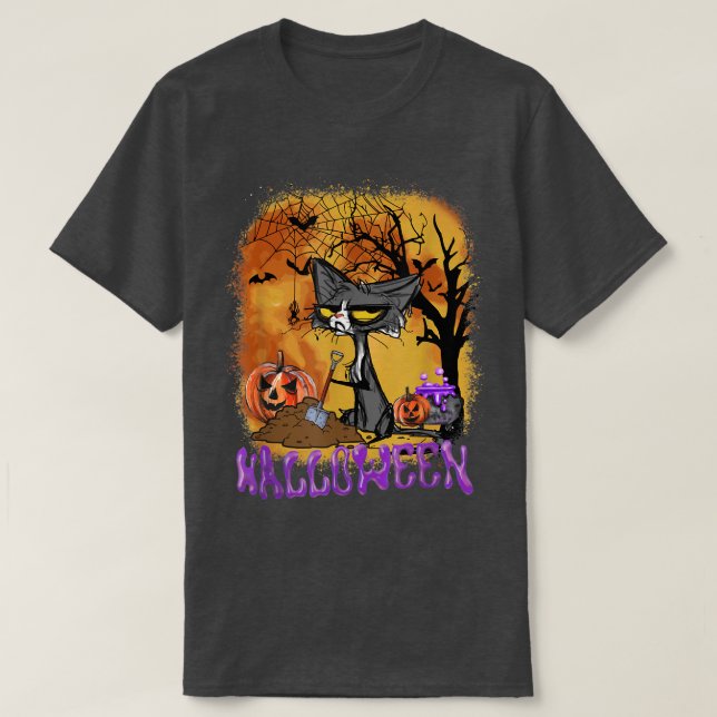 T-shirt Funny Halloween Cat Bats Pumpkin Digging  (Design devant)