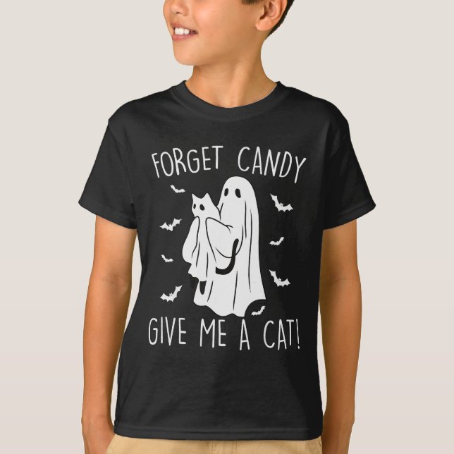 T-shirt Funny Halloween Cat Ghost Forget Candy Give Me Cat (Devant)