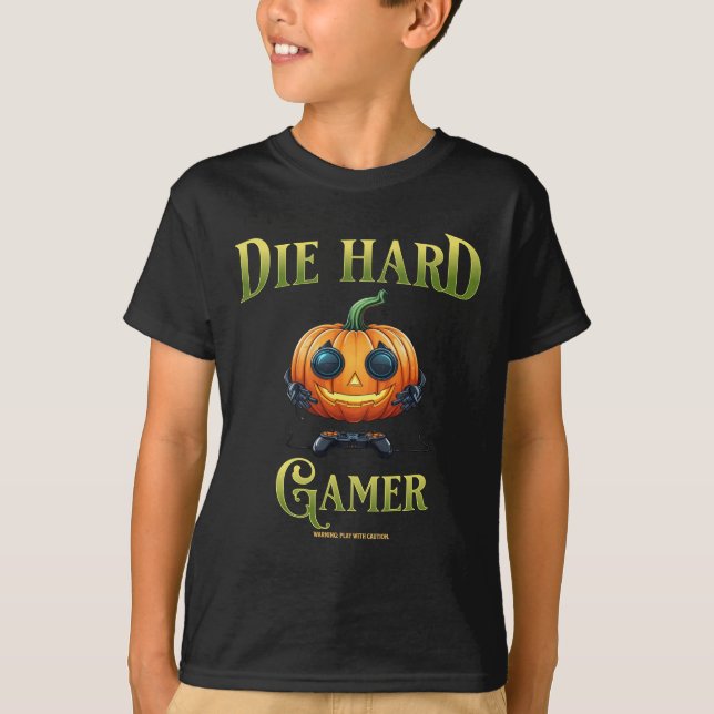 T-shirt Funny Halloween Jack-o'-lantern, Gamer Kid v2 (Devant)