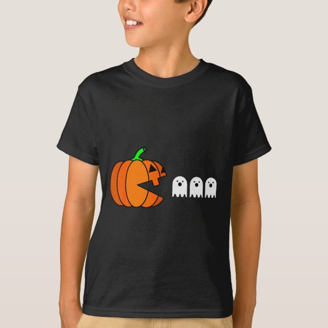 T-shirt Funny Halloween Pumpkin Eating Ghost, Gamer Men Wo (Devant)