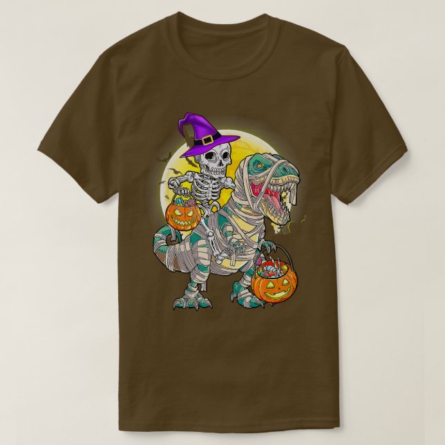 T-shirt Funny Halloween Skeleton Riding Mummy Dinosaur (Design devant)