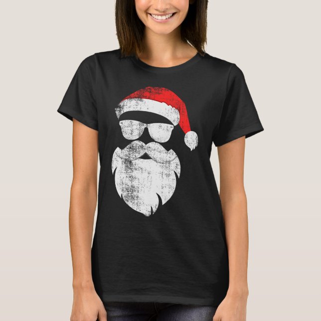 T-shirt Funny Hipster Santa Face With Hat Beard &amp; Gles (Devant)