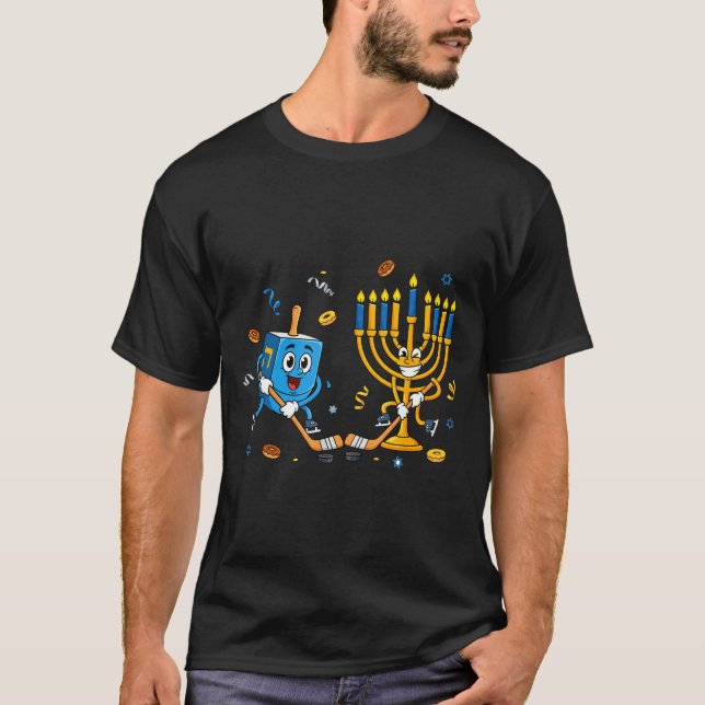 T-shirt Funny Hockey Dreidel Menorah Hanukkah Kids Womens  (Devant)