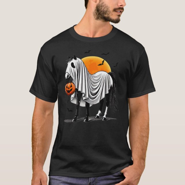 T-shirt Funny Horse With Jackolantern Ghost Halloween Ride (Devant)