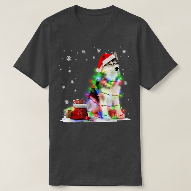 T-shirt Funny Husky Chien Tree lumières de Noël Jeu de Noë (Design devant)