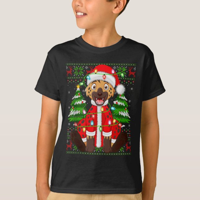 T-shirt Funny Hyena Christmas Lights Santa Costume Ugly Xm (Devant)