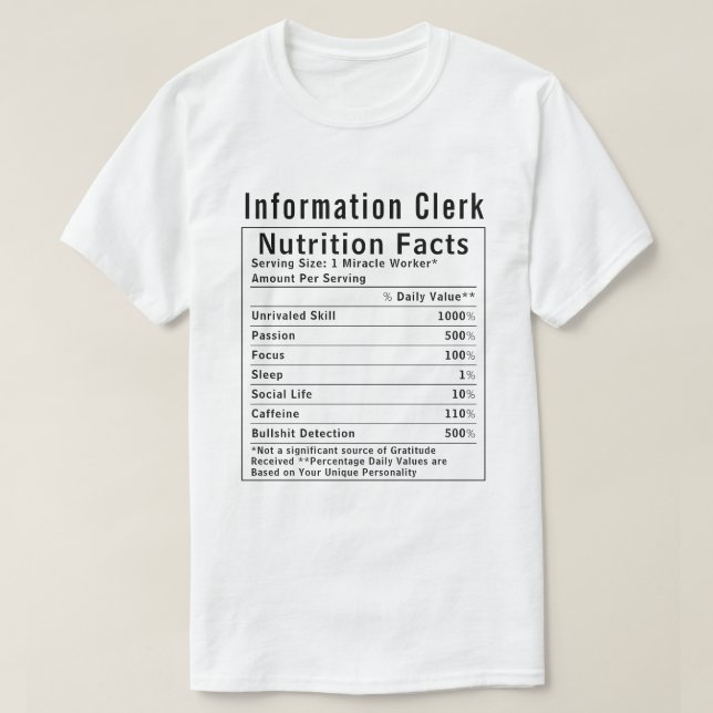 T-shirt Funny Information Clerk Nutrition Facts Staff Gift (Design devant)