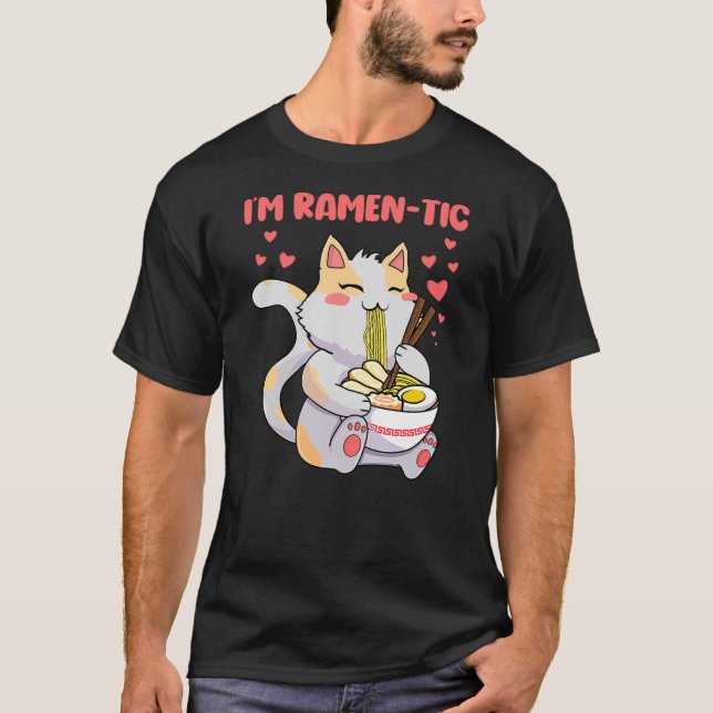 T-shirt Funny Kawaii Cat Eating Ramen (Devant)