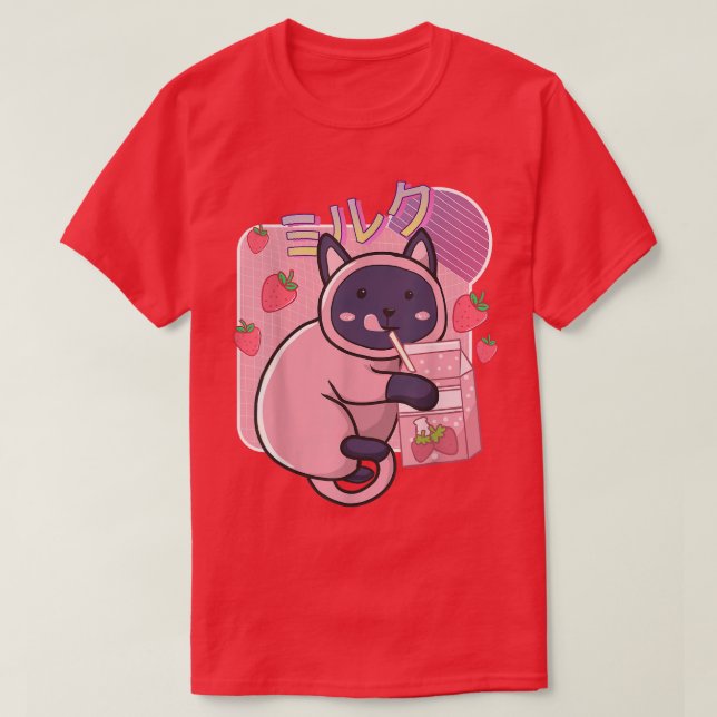 T-shirt Funny Kawaii Chat Lait fraise Shake Japonais An (Design devant)