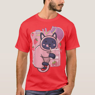 T-shirt Funny Kawaii Chat Lait fraise Shake Japonais An