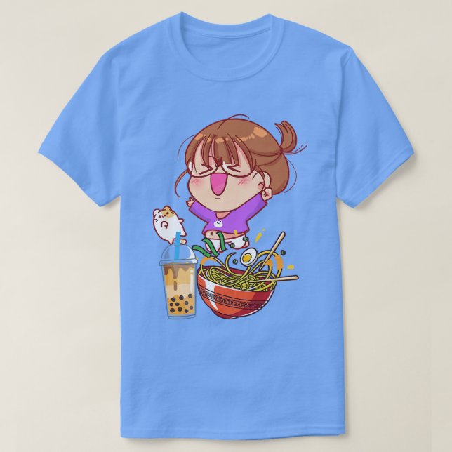 T-shirt Funny Kawaii Girl Cat Eating Ramen And Boba Milk T (Design devant)