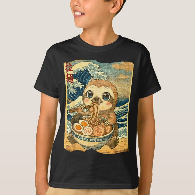 T-shirt Funny Kawaii Sloth Ramen Noodle Bowl Japanese Wave (Devant)