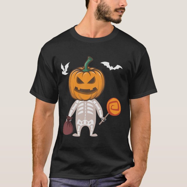 T-shirt Funny Kid Skeleton Citrouille Head Candy (Devant)
