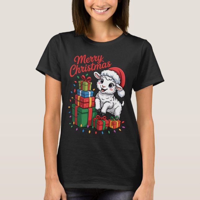 T-shirt Funny Lamb Santa Hat Animals Lovers Ugly Christmas (Devant)