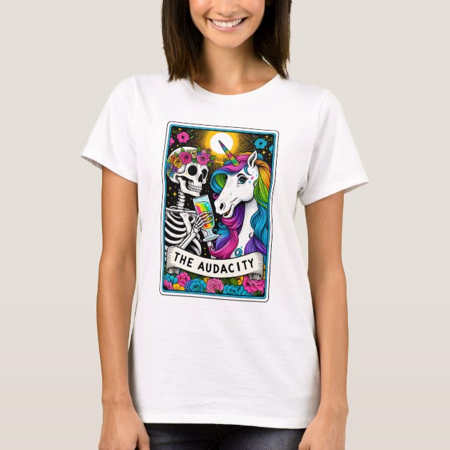T-shirt Funny L'Audacity Unicorn et le Tarot squelette (Devant)
