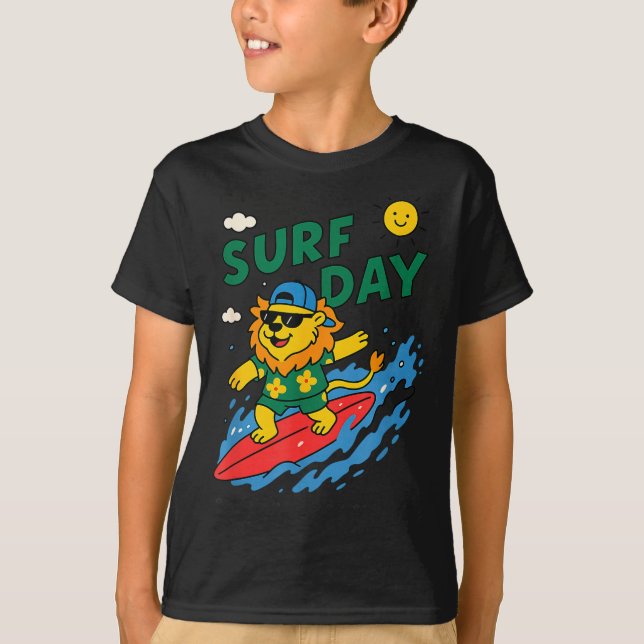 T-shirt Funny Lion Surfing Summer Vacation Surf Day Boys G (Devant)
