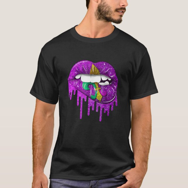 T-shirt Funny Mardi Gras Carnival Purple Gold Lips Dripped (Devant)