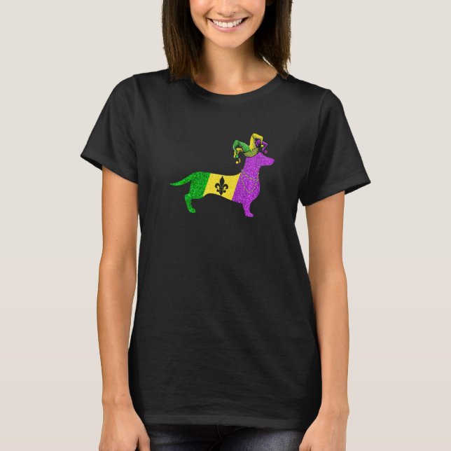 T-shirt Funny Mardi Gras Dachshund Dog Mardi Gras Hat Bead (Devant)