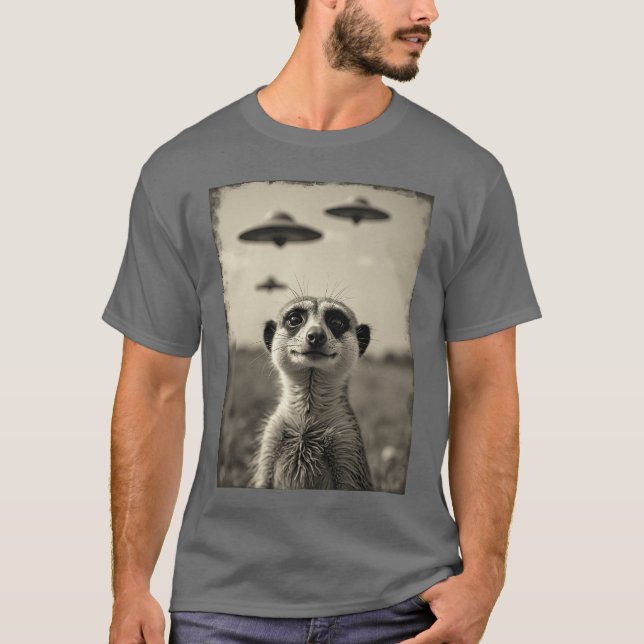 T-shirt Funny meerkat Sie with UFOs Weird Alien retro funn (Devant)