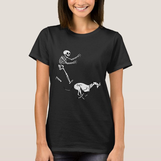 T-shirt Funny Meme Greyhound Running Skeleton Halloween  (Devant)
