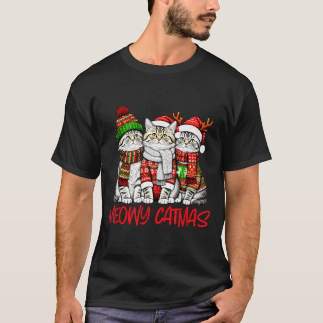 T-shirt Funny Meowy Catmas Christmas Cats Ugly Sweater Gra (Devant)