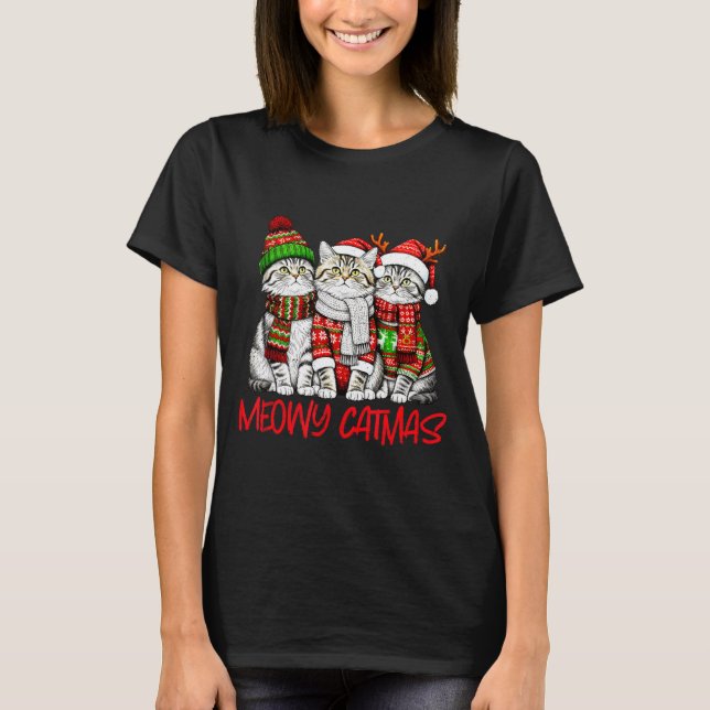 T-shirt Funny Meowy Catmas Christmas Cats Ugly Sweater Gra (Devant)