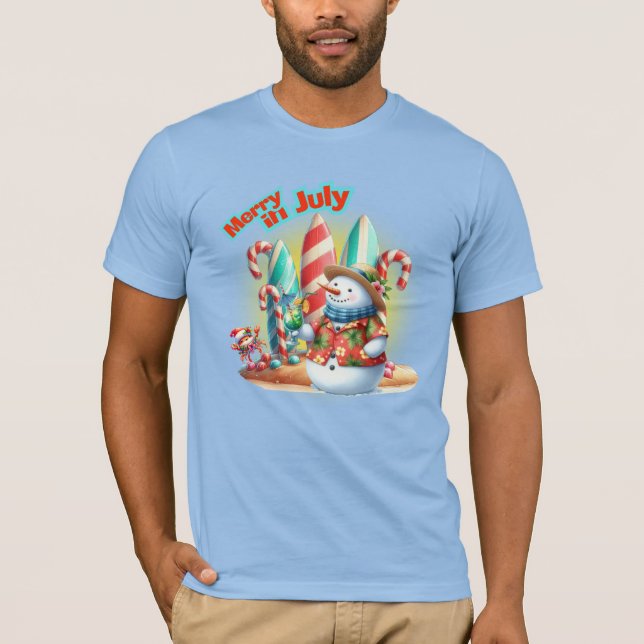 T-shirt Funny Merry in July Snowman Surfboards on Beach  (Devant)