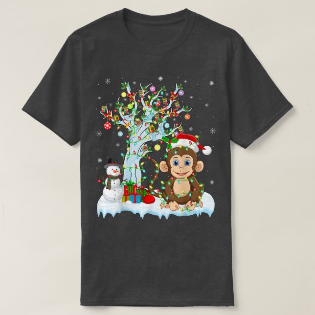 T-shirt Funny Monkey Xmas Tree Lighting Santa Hat Monkey C (Design devant)