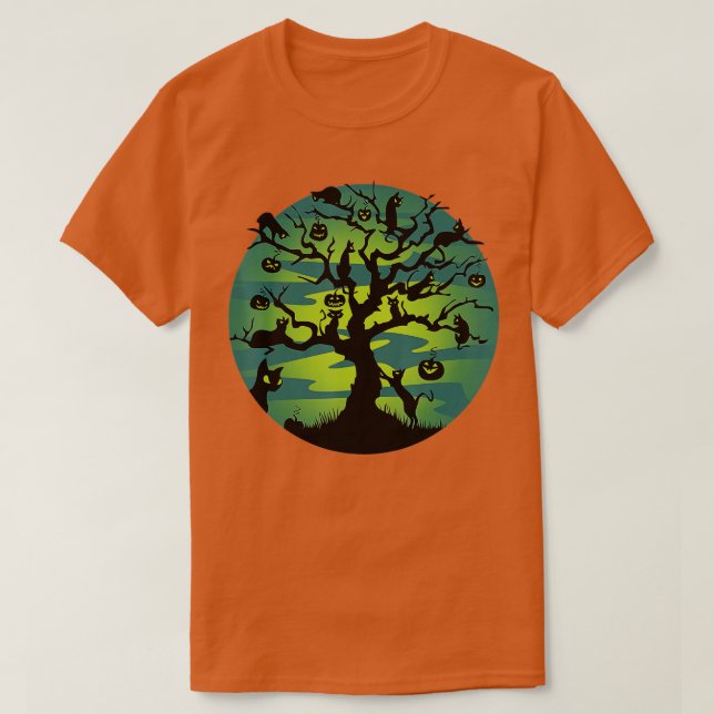 T-shirt Funny Moon Black Cats Pumpkin Tree Moon Halloween  (Design devant)