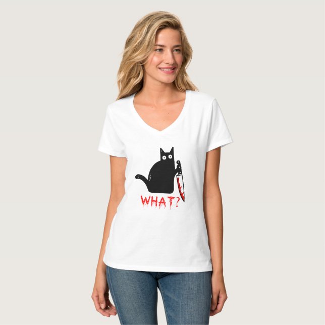 T-shirt Funny Murderous Black Cat What ? Holding Knife (Devant entier)