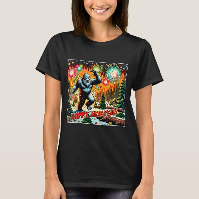 T-shirt Funny New Years Eve 2024 Bigfoot And Fireworks Hum (Devant)