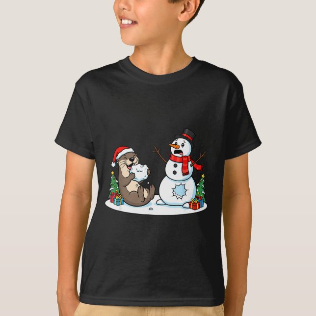 T-shirt Funny Otter Snowman Christmas Tree Xmas Womens Men (Devant)