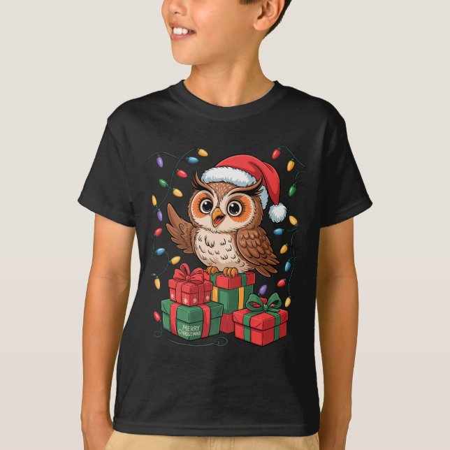 T-shirt Funny Owl Santa Hat Animals Lovers Ugly Christmas  (Devant)