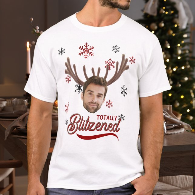 T-shirt Funny Photo Face Blitzened Christmas Custom Gift (Funny Photo Face Blitzened Christmas Custom Gift T-Shirt
on a man standing in holiday party setting)