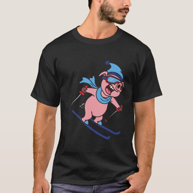 T-shirt Funny Pig Go Skiing Design Gift Winter Holidays  (Devant)