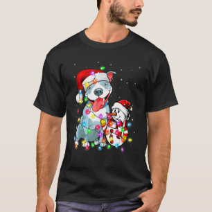 T-shirt Funny Pitbull Dog Noël Tee Snowman Xmas Lumière