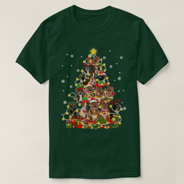 T-shirt Funny Pitbully Santa Chapeau Noël Lumières d'arbre (Design devant)