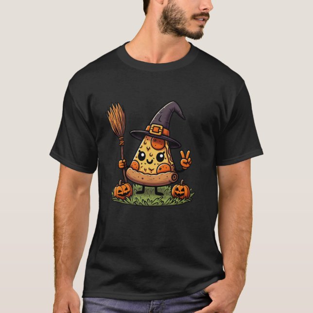 T-shirt Funny Pizza sorcière Citrouille Halloween Hommes F (Devant)