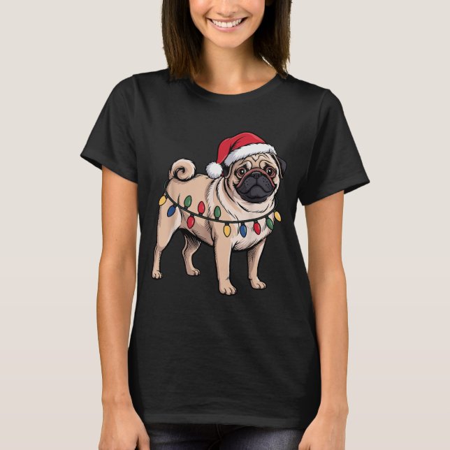 T-shirt Funny Pug Christmas Santa Hat Xmas Lights  (Devant)