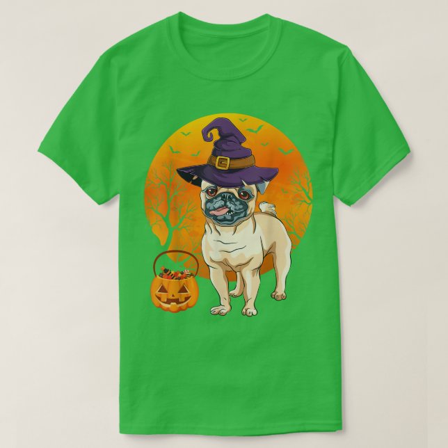 T-shirt Funny Pug Moon Halloween Witch Hat Pug Dog Owner L (Design devant)