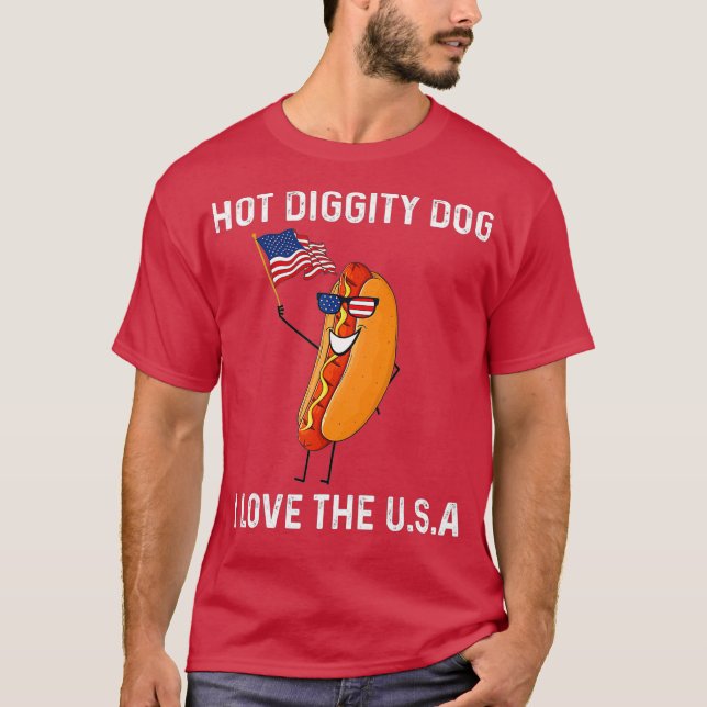 T-shirt Funny Quatrième 4 juillet Hot Diggity Chien J'aime (Devant)