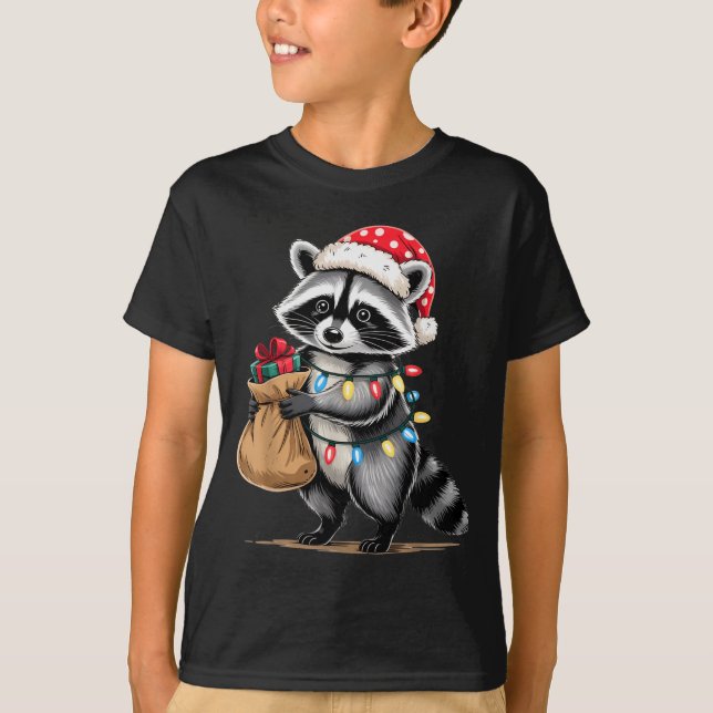 T-shirt Funny Raccoon Santa Hat Animals Lovers Ugly Christ (Devant)