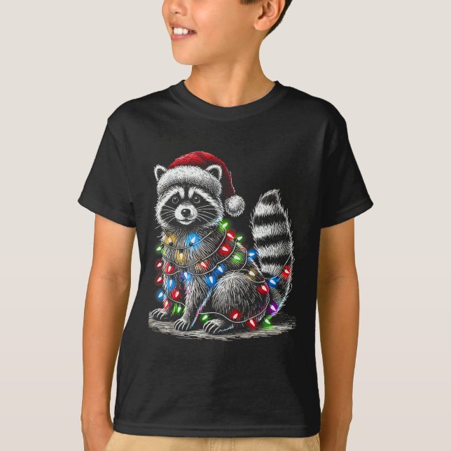 T-shirt Funny Raccoon Santa Hat Christmas Tree Lights Paja (Devant)