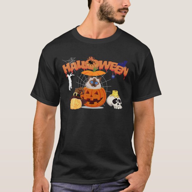 T-shirt Funny Ragdoll Chat Citrouille sorcière Zombie Hall (Devant)