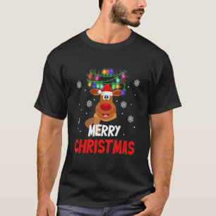 T-shirt Funny Reindeer Santa Chapeau Noël Lumières Joyeux 